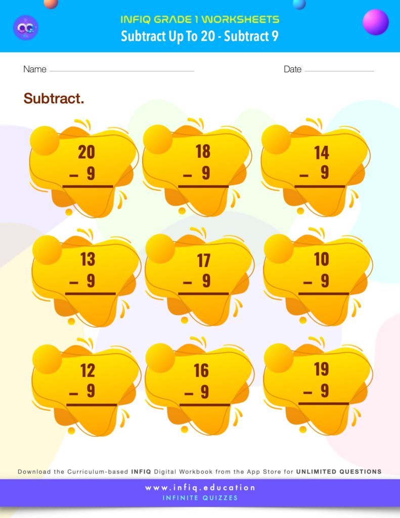 Grade 1 Math > Subtract up to 20 > Subtract 9 Worksheet