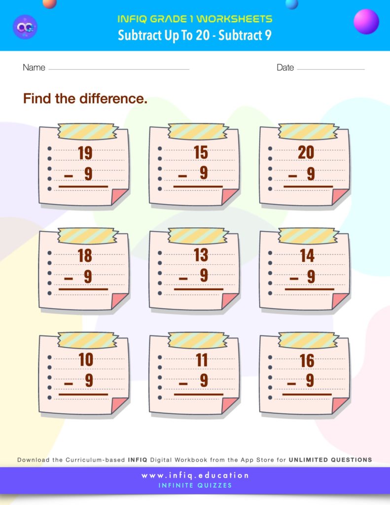 Grade 1 Math > Subtract up to 20 > Subtract 9 Worksheet