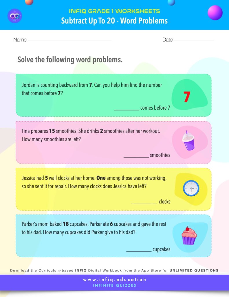 Grade 1 Math > Subtract up to 20 > Word Problems Worksheet