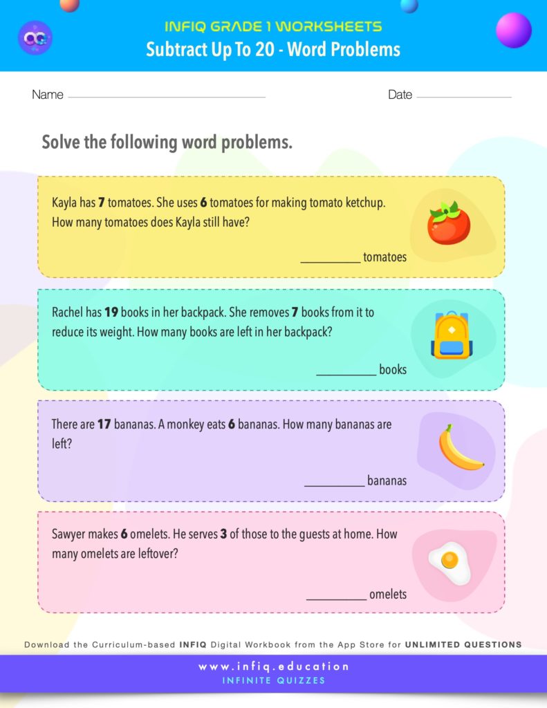 Grade 1 Math > Subtract up to 20 > Word Problems Worksheet