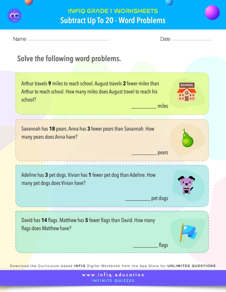Grade 1 Math > Subtract up to 20 > Word Problems Worksheet