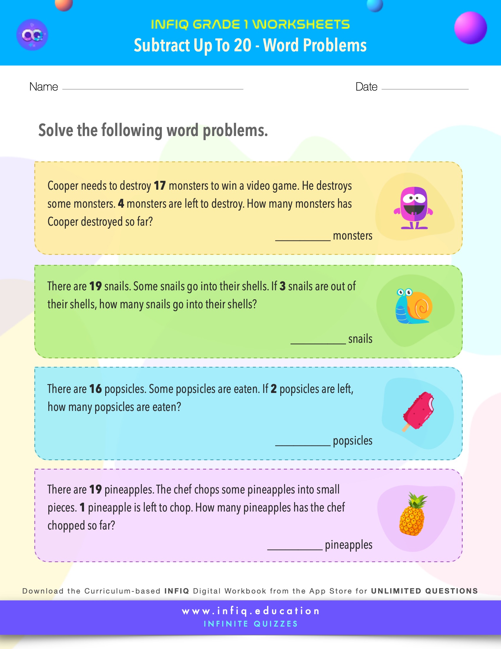 Grade 1 Math > Subtract up to 20 > Word Problems Worksheet
