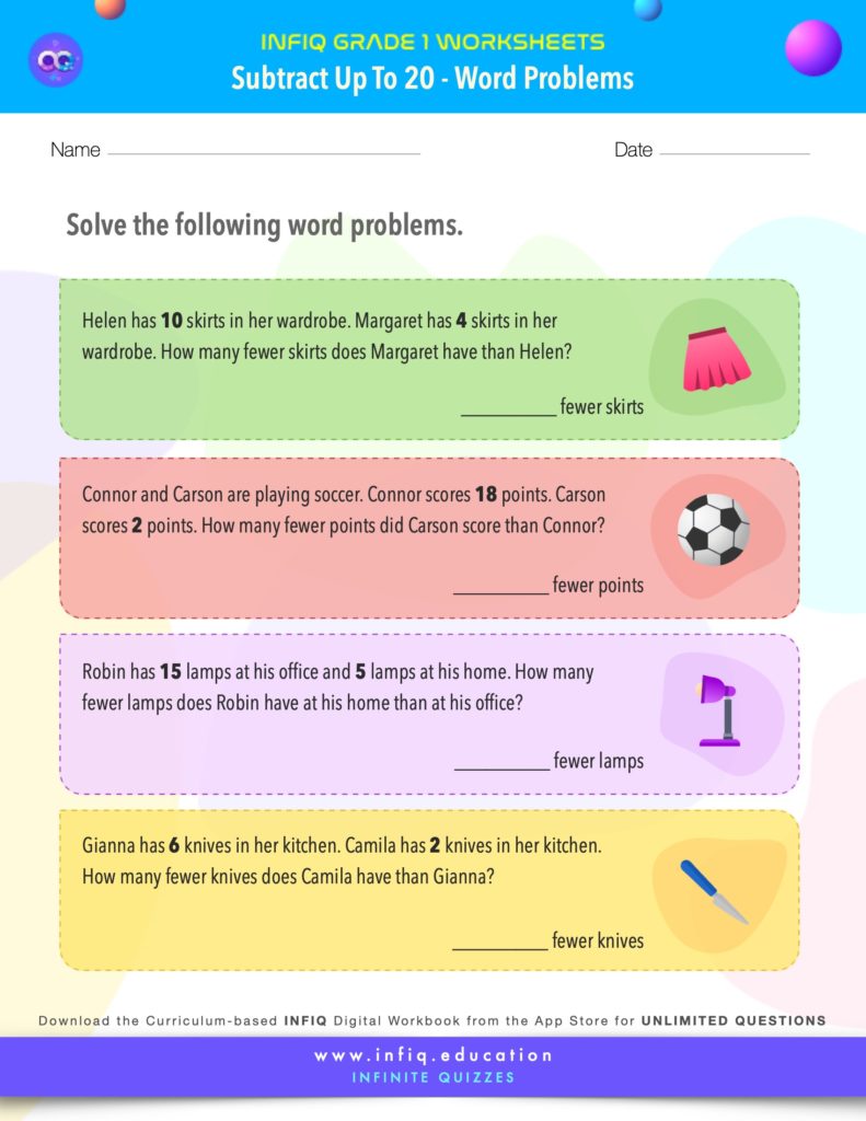 Grade 1 Math > Subtract up to 20 > Word Problems Worksheet