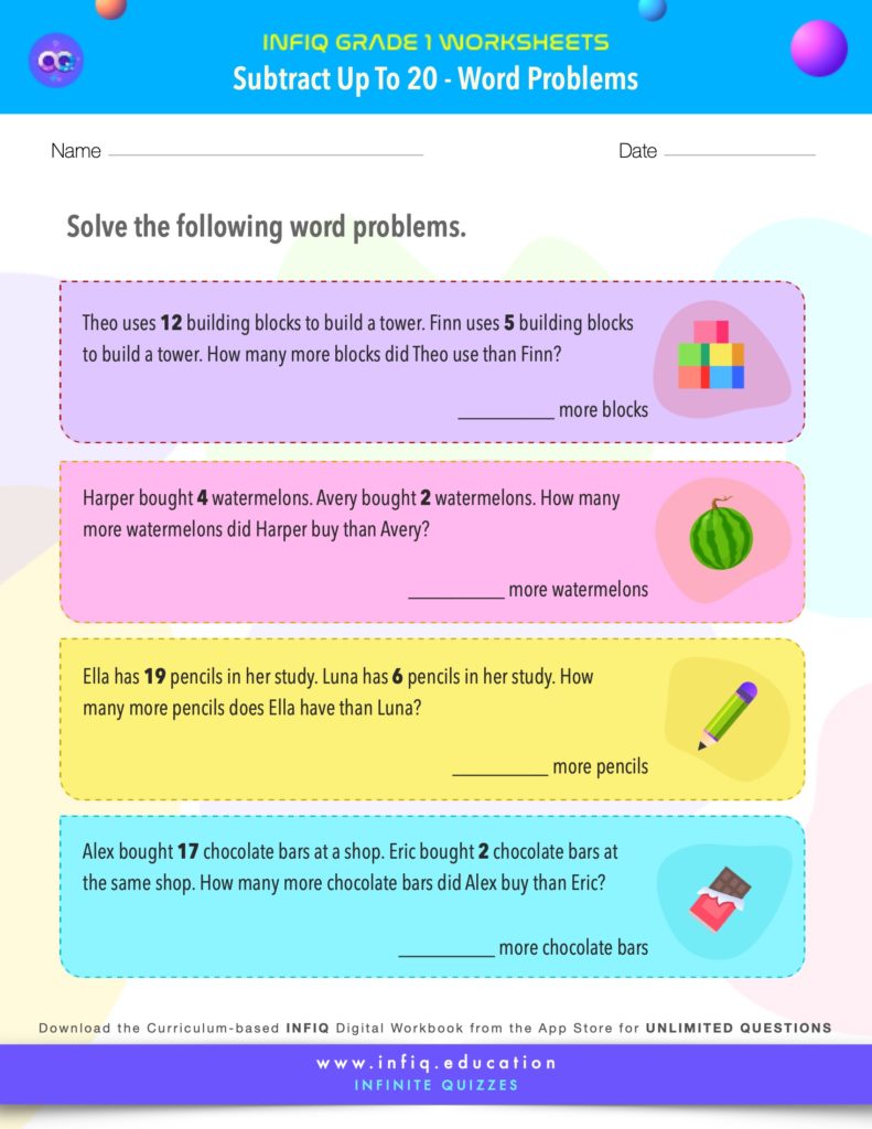 Grade 1 Math > Subtract up to 20 > Word Problems Worksheet