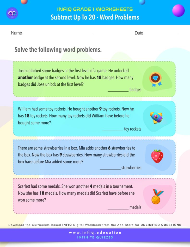 Grade 1 Math > Subtract up to 20 > Word Problems Worksheet