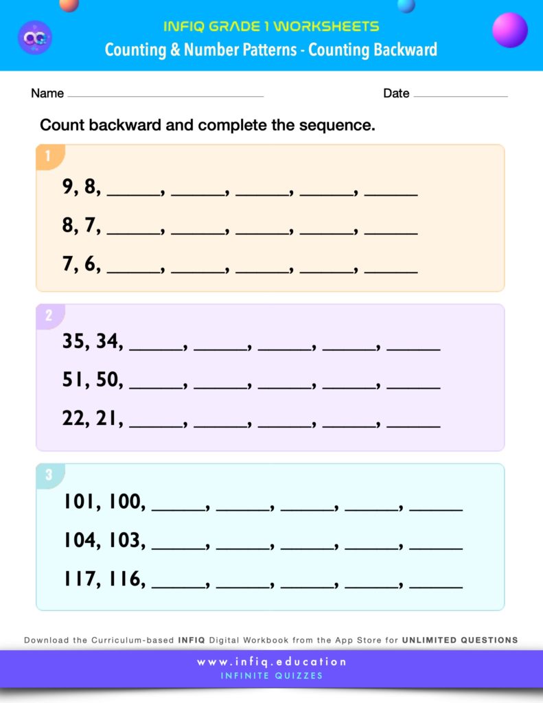 Grade 1 Math Worksheets - Counting & Number Patterns - Counting Backward