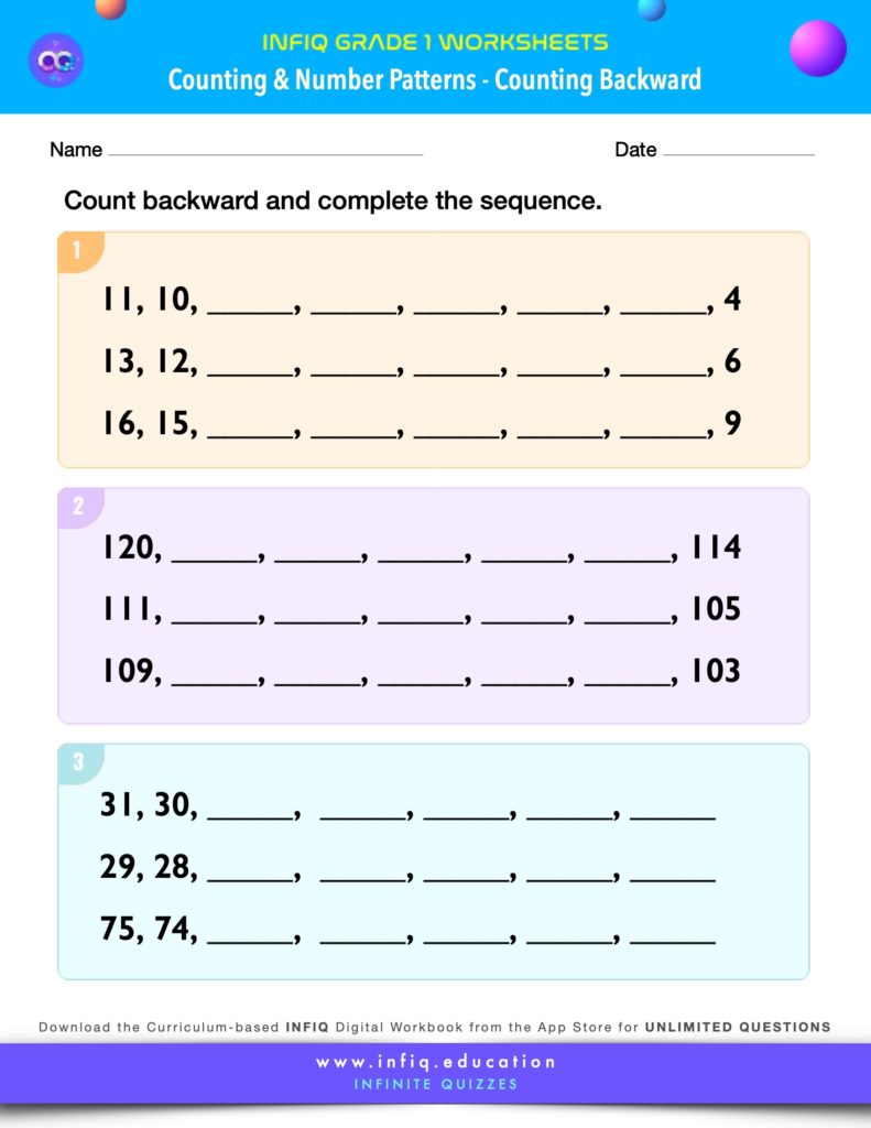 Grade 1 Math Worksheets - Counting & Number Patterns - Counting Backward