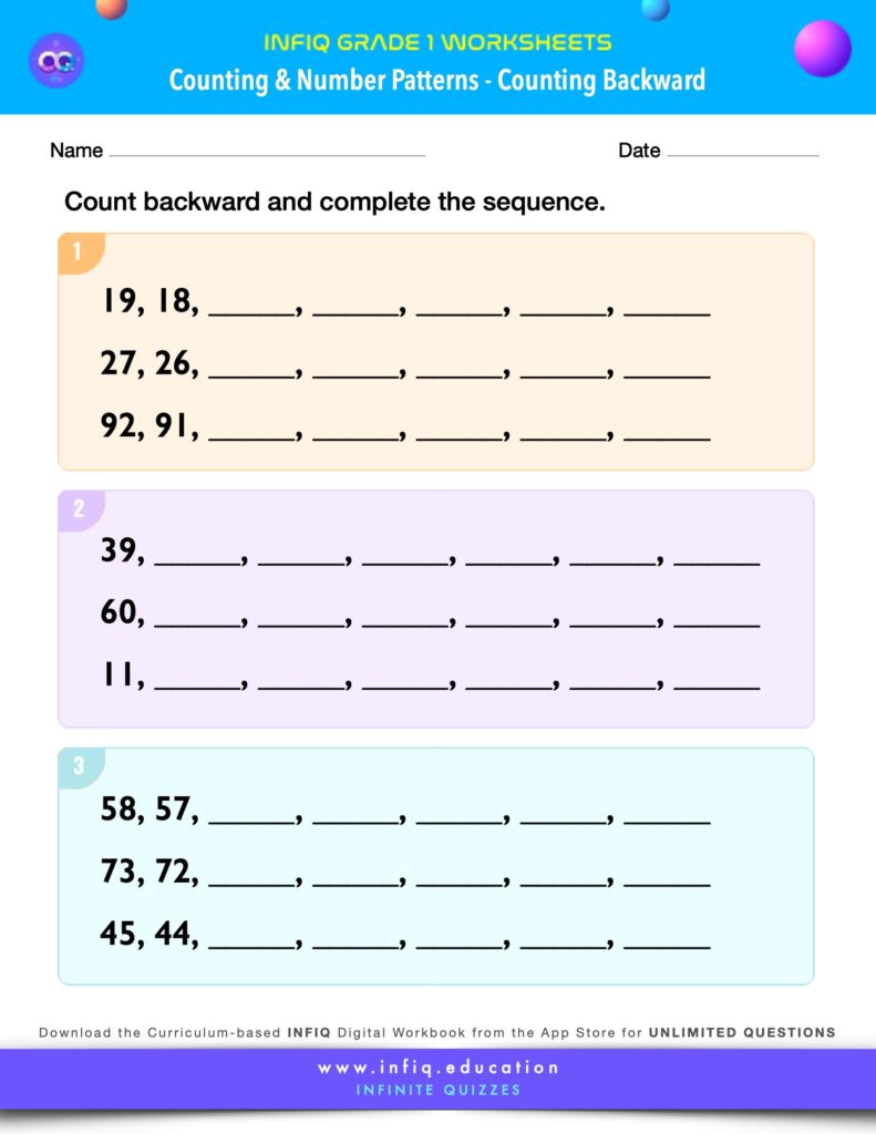 Grade 1 Math Worksheets - Counting & Number Patterns - Counting Backward
