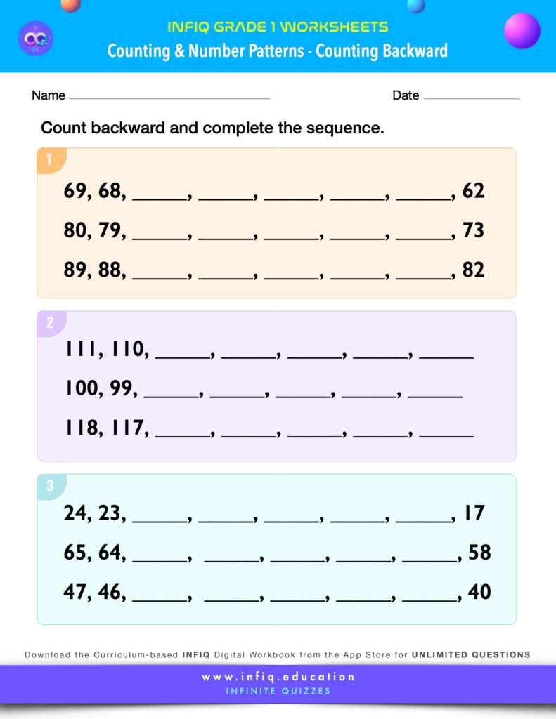Grade 1 Math Worksheets - Counting & Number Patterns - Counting Backward