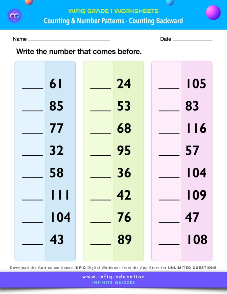 Grade 1 Math Worksheets - Counting & Number Patterns - Counting Backward
