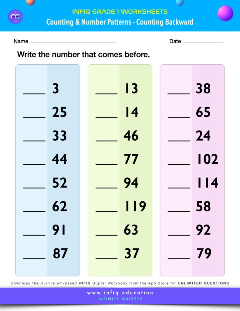 Grade 1 Math Worksheets - Counting & Number Patterns - Counting Backward