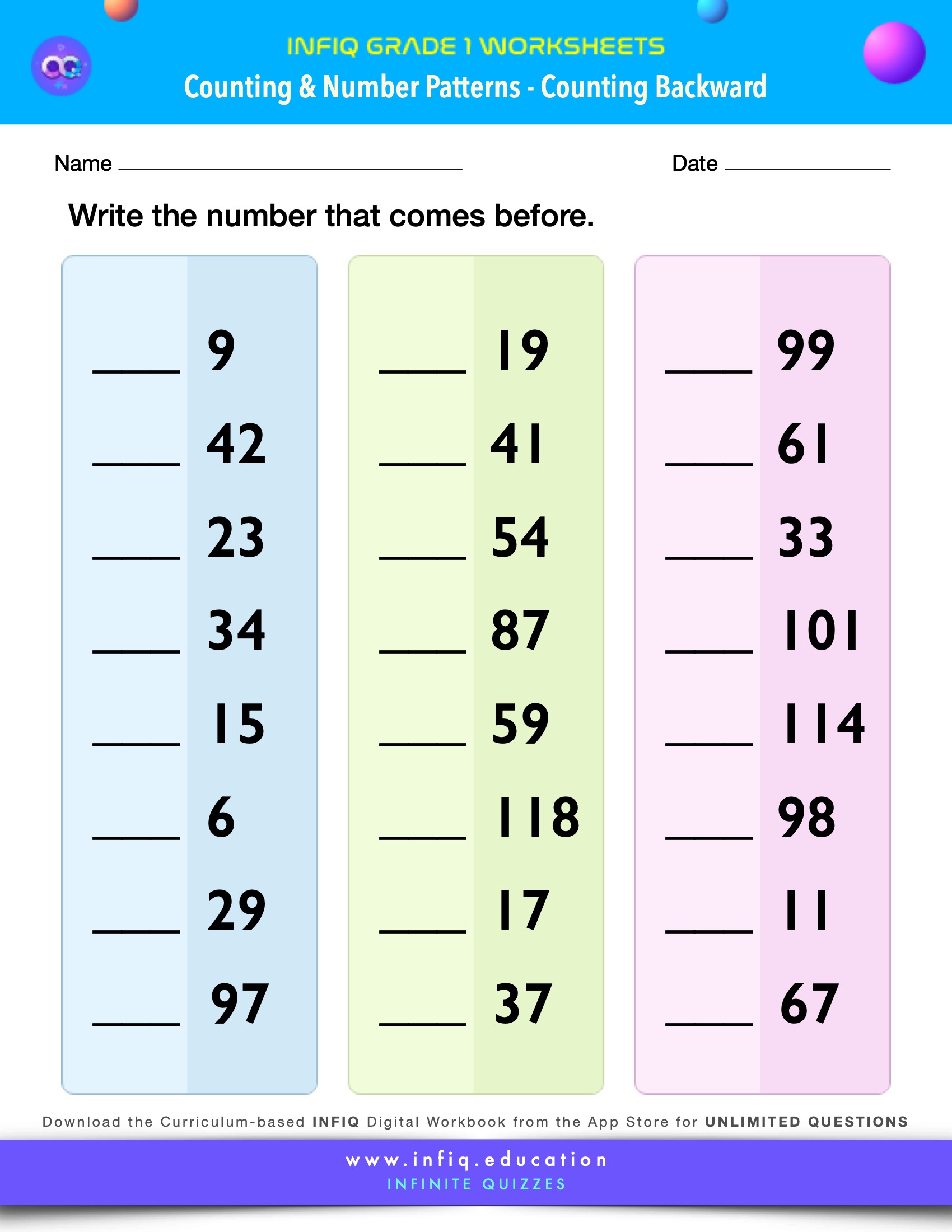 Grade 1 Math Worksheets - Counting & Number Patterns - Counting Backward