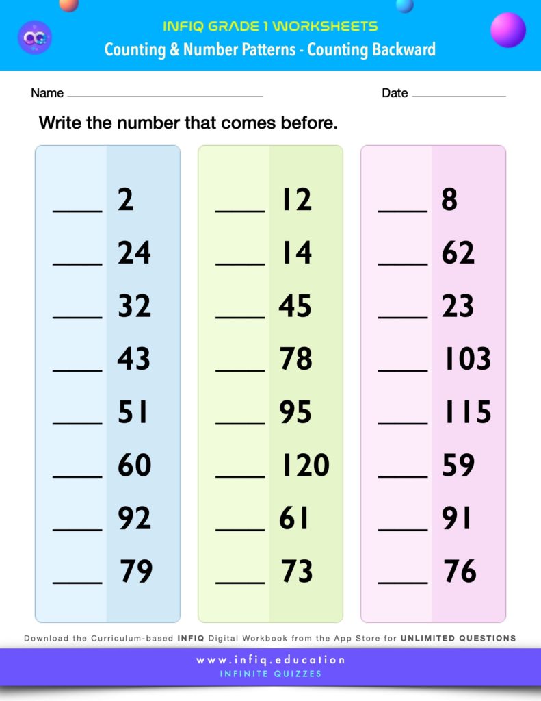 Grade 1 Math Worksheets - Counting & Number Patterns - Counting Backward