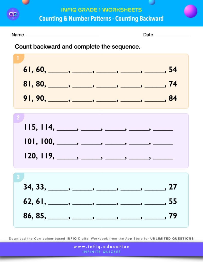 Grade 1 Math Worksheets - Counting & Number Patterns - Counting Backward
