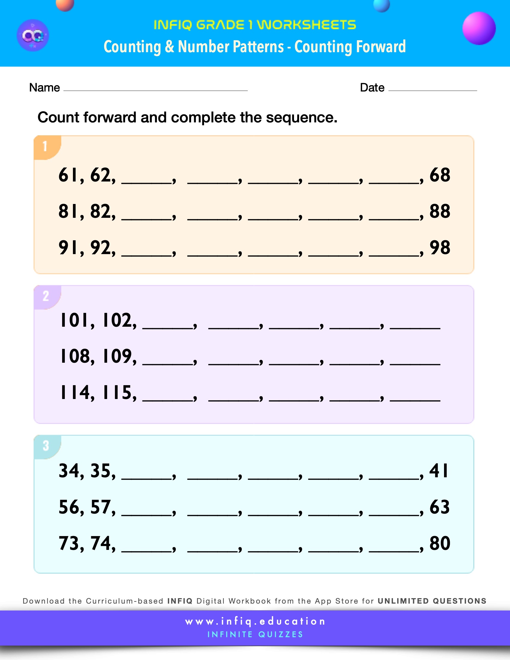 Grade 1 Math Worksheets - Counting & Number Patterns - Counting Forward