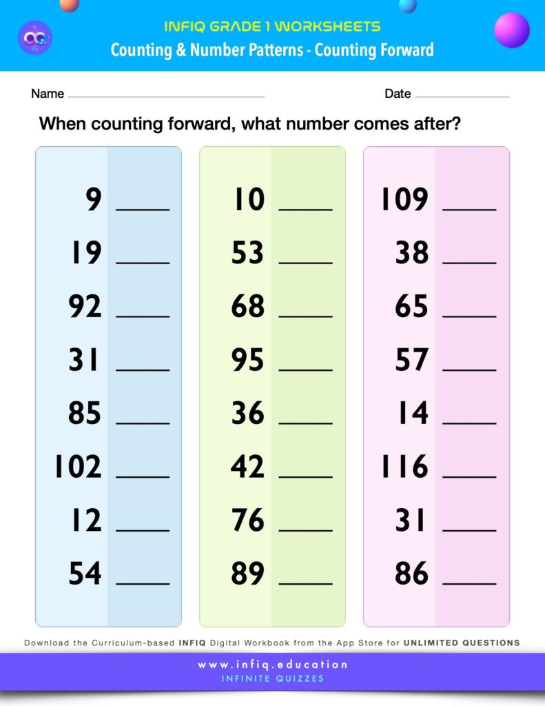 Grade 1 Math Worksheets - Counting & Number Patterns - Counting Forward