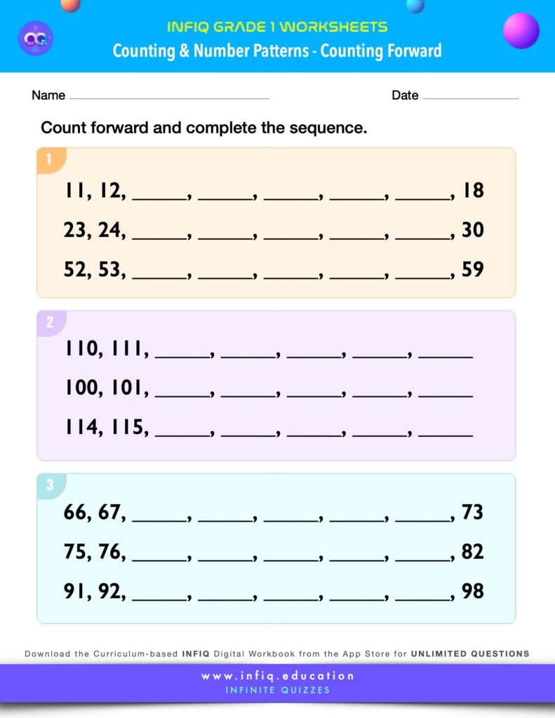 Grade 1 Math Worksheets - Counting & Number Patterns - Counting Forward