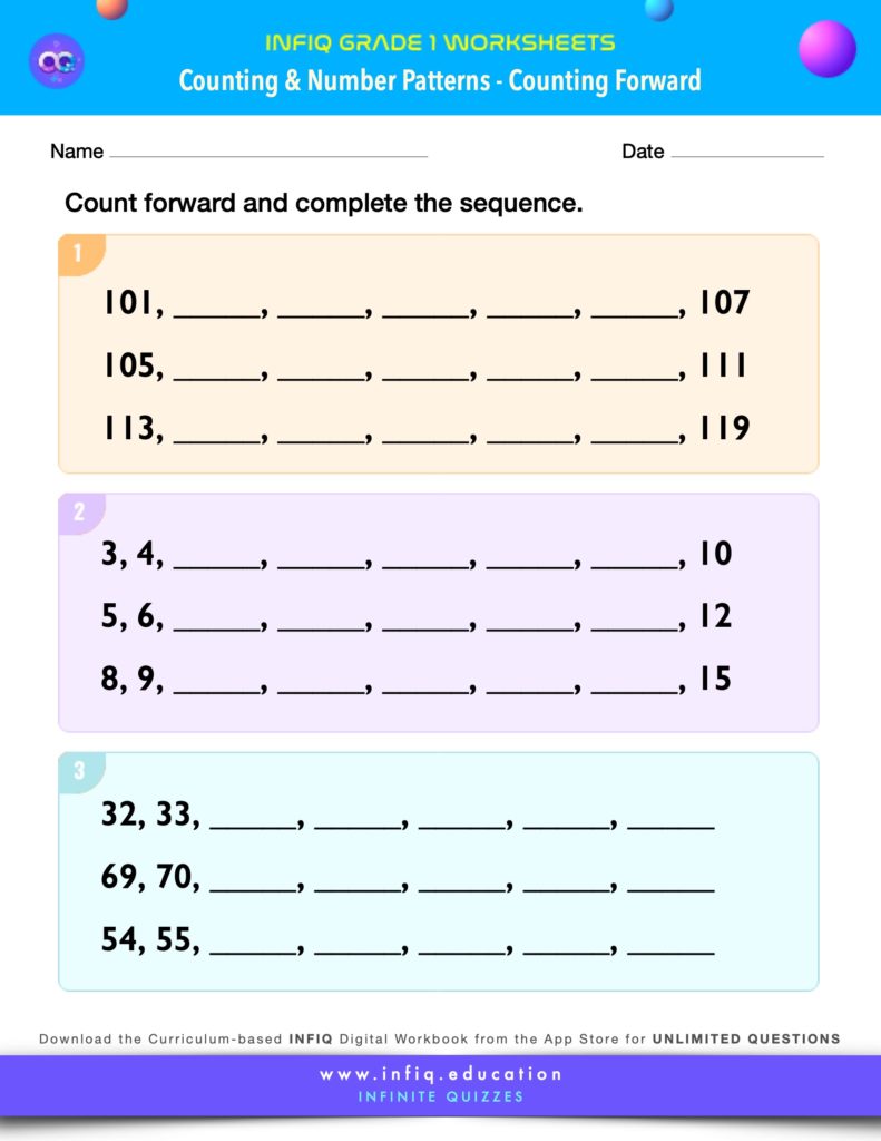 Grade 1 Math Worksheets - Counting & Number Patterns - Counting Forward