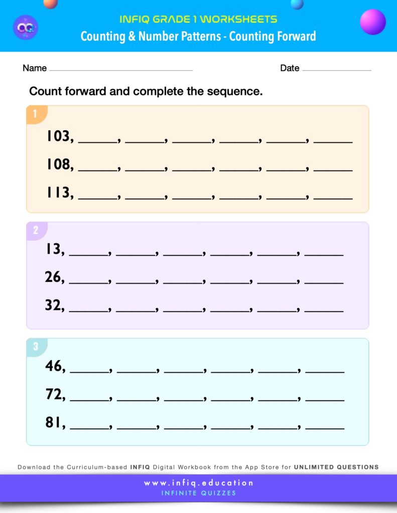 Grade 1 Math Worksheets - Counting & Number Patterns - Counting Forward