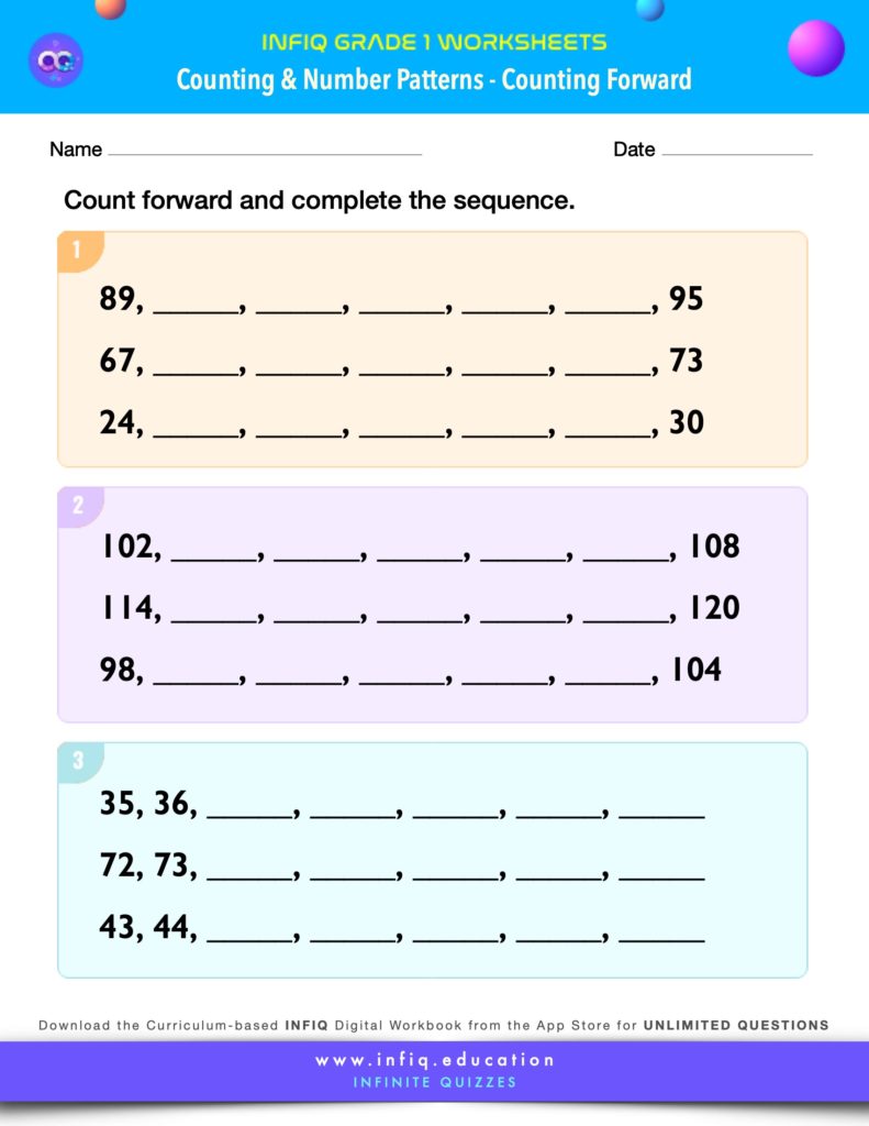 Grade 1 Math Worksheets - Counting & Number Patterns - Counting Forward