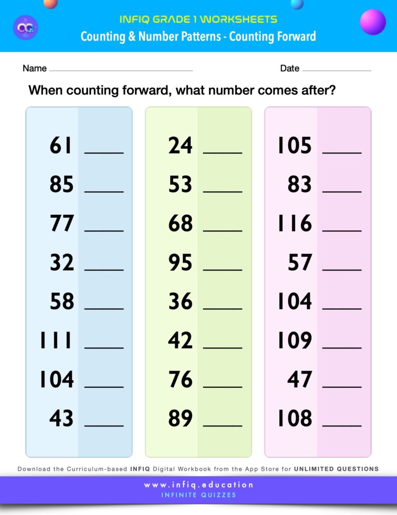 Grade 1 Math Worksheets - Counting & Number Patterns - Counting Forward