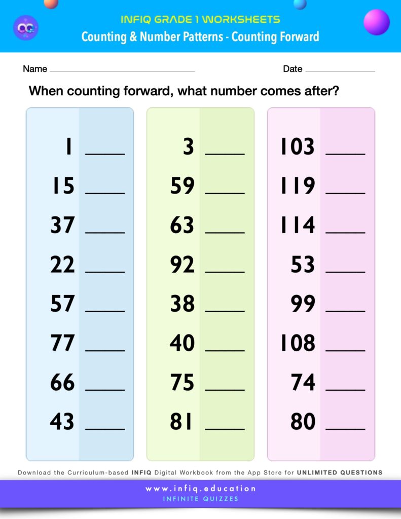 Grade 1 Math Worksheets - Counting & Number Patterns - Counting Forward