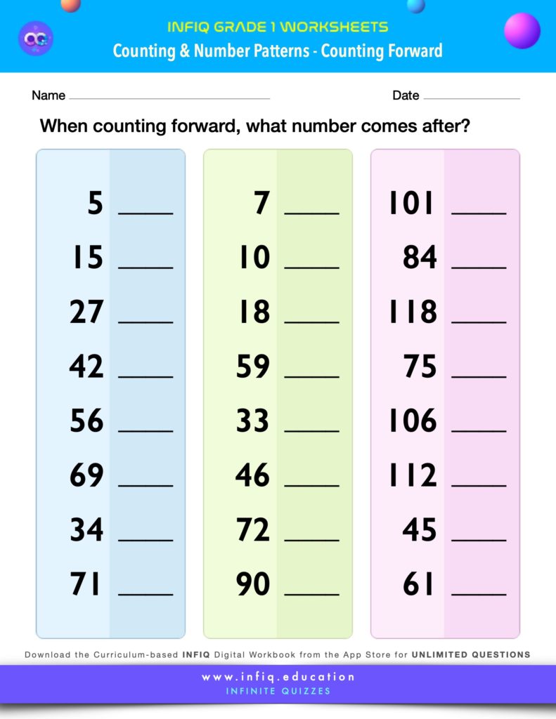 Grade 1 Math Worksheets - Counting & Number Patterns - Counting Forward
