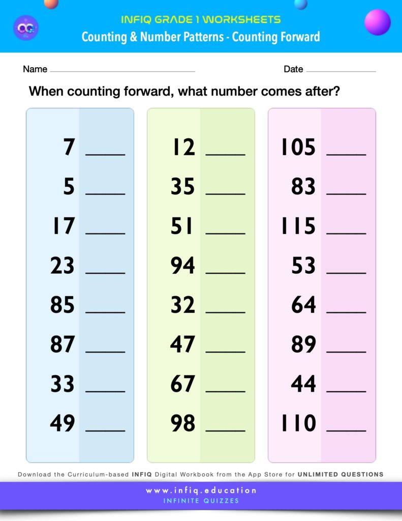 Grade 1 Math Worksheets - Counting & Number Patterns - Counting Forward