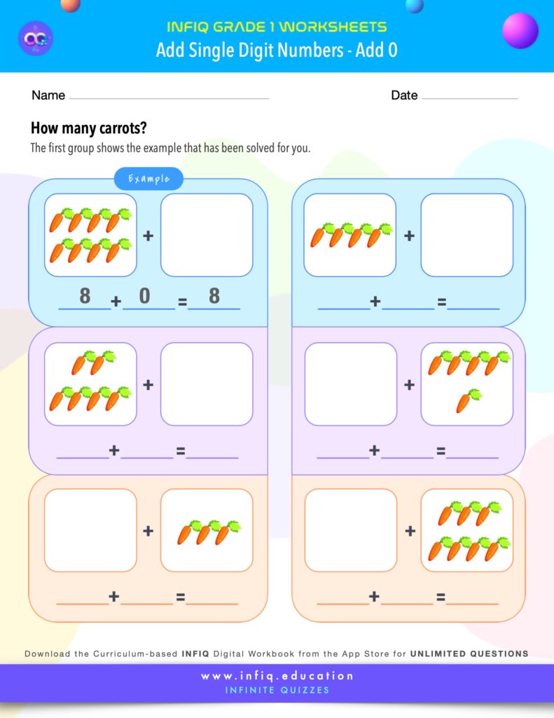 Grade 1 Math Worksheets - Add Single Digit Numbers - Add 0
