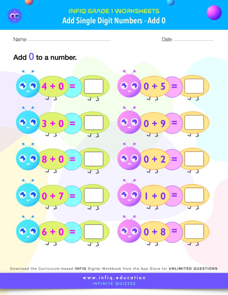 Grade 1 Math Worksheets - Add Single Digit Numbers - Add 0