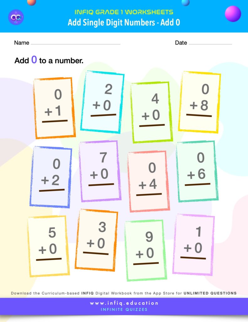 Grade 1 Math Worksheets - Add Single Digit Numbers - Add 0