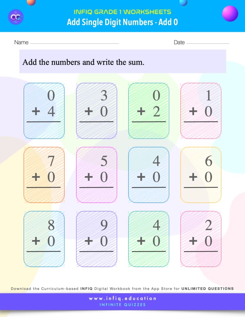 Grade 1 Math Worksheets - Add Single Digit Numbers - Add 0