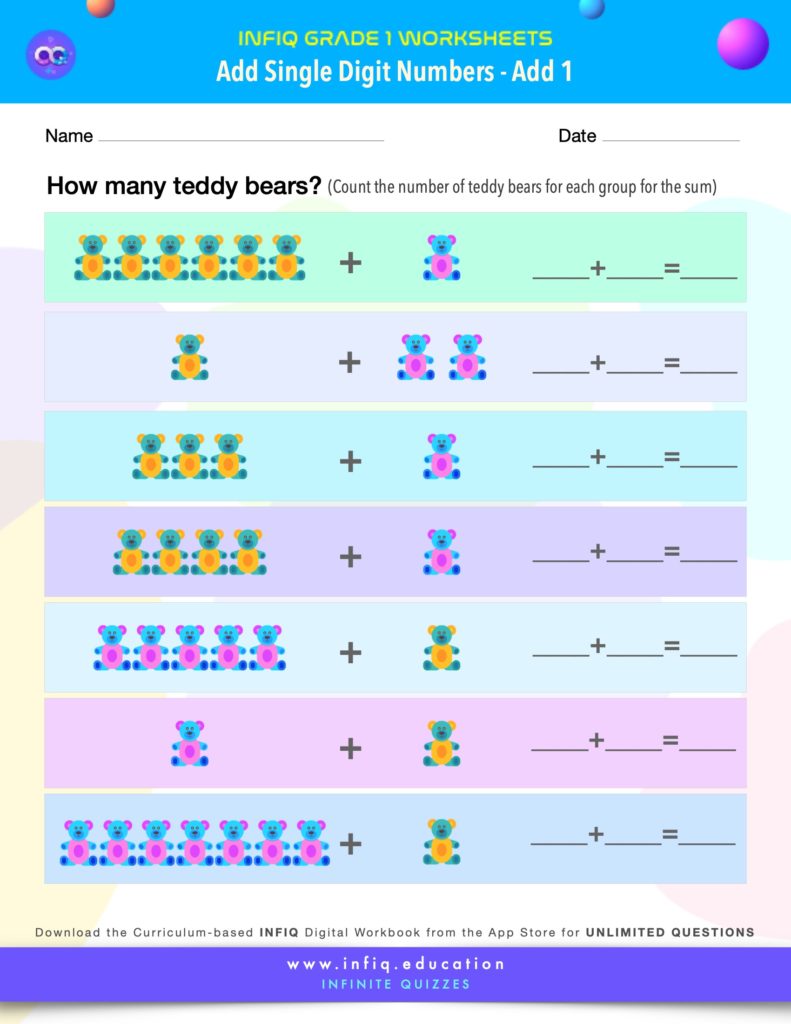 Grade 1 Math Worksheets - Add Single Digit Numbers - Add 1
