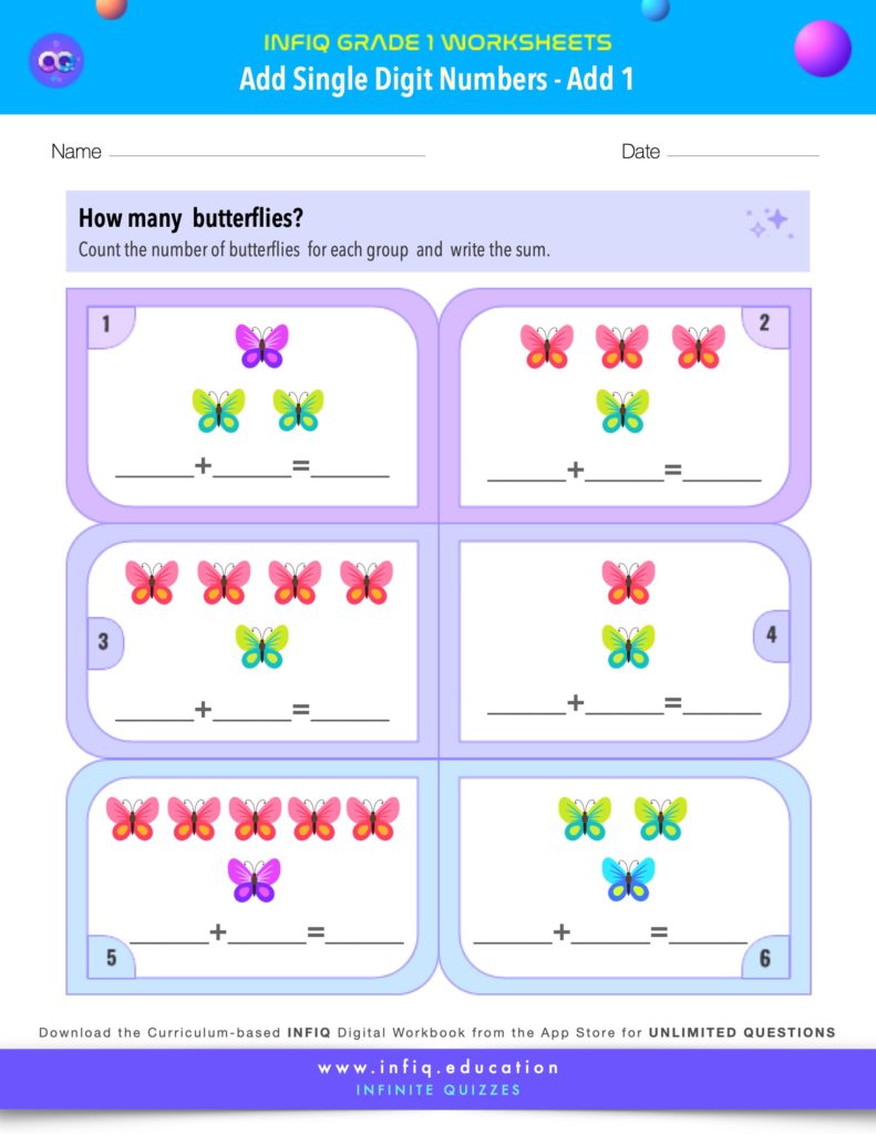 Grade 1 Math Worksheets - Add Single Digit Numbers - Add 1