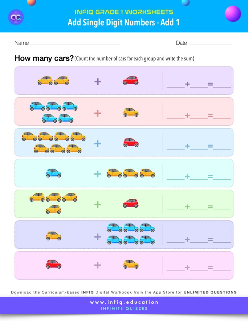 Grade 1 Math Worksheets - Add Single Digit Numbers - Add 1
