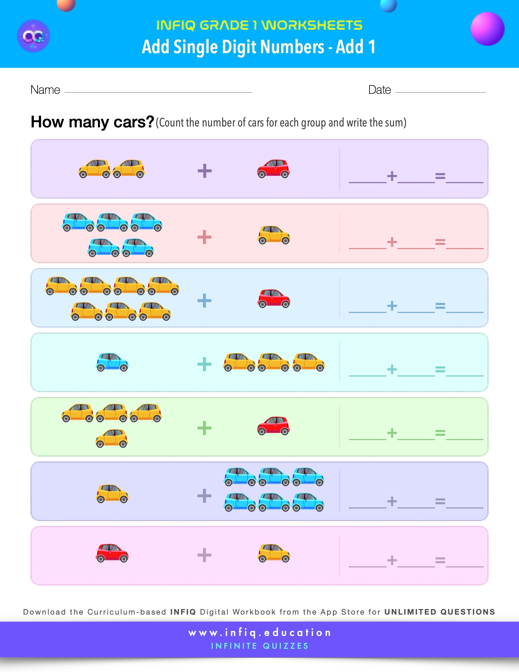 INFIQ | GRADE 1 Math Worksheets- Add Single Digit Numbers - Add 1