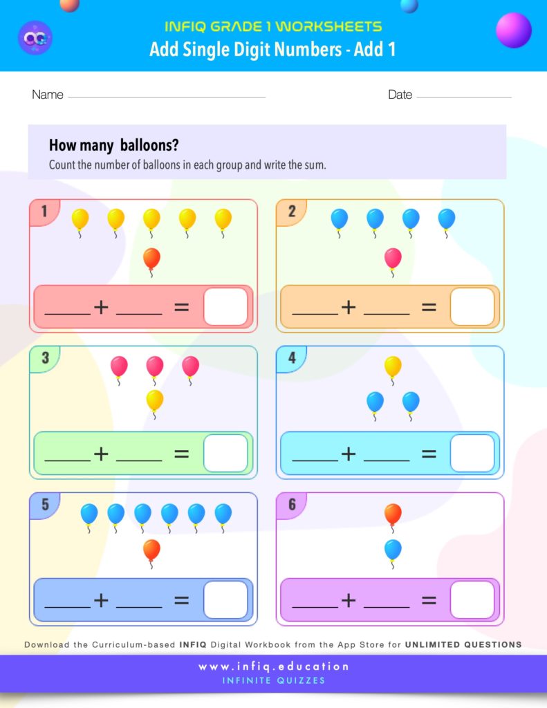 Grade 1 Math Worksheets - Add Single Digit Numbers - Add 1