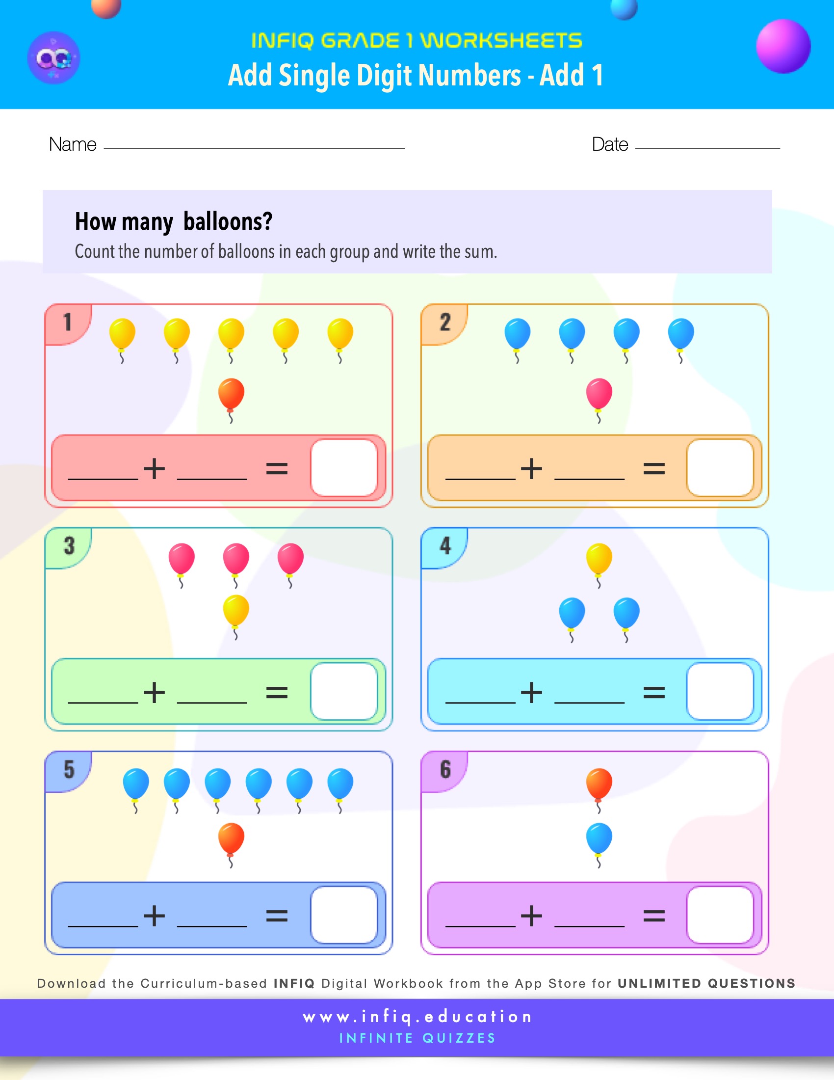 Grade 1 Math Worksheets - Add Single Digit Numbers - Add 1