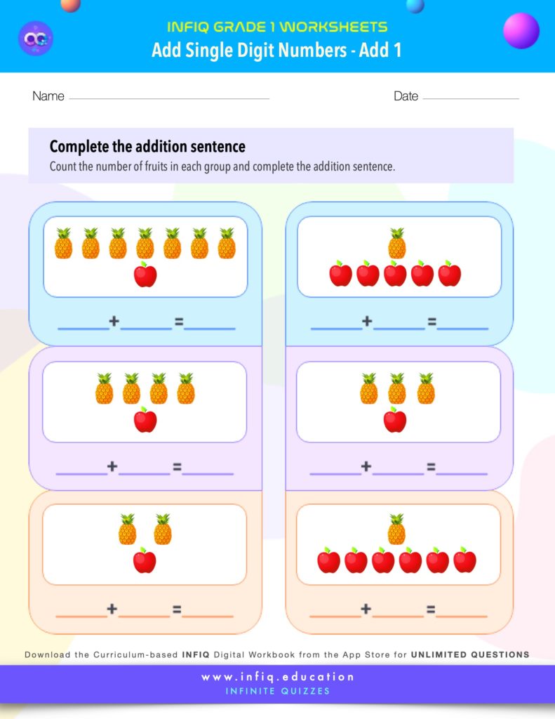 Grade 1 Math Worksheets - Add Single Digit Numbers - Add 1