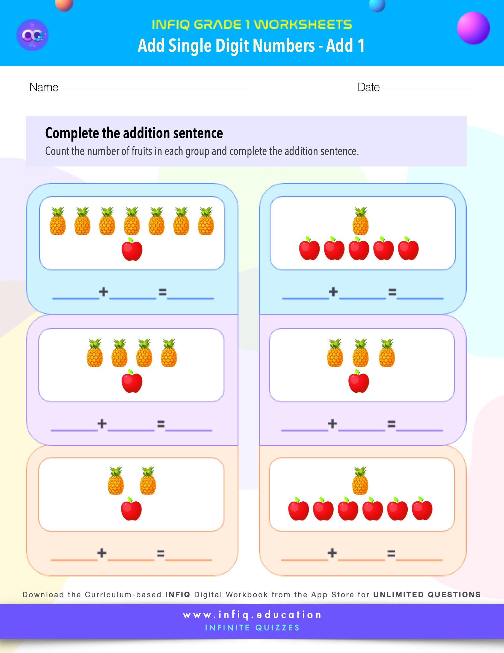 INFIQ | GRADE 1 Math Worksheets- Add Single Digit Numbers - Add 1