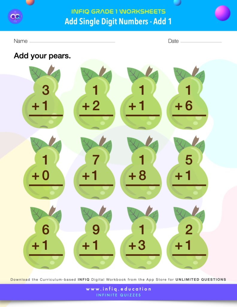 Grade 1 Math Worksheets - Add Single Digit Numbers - Add 1