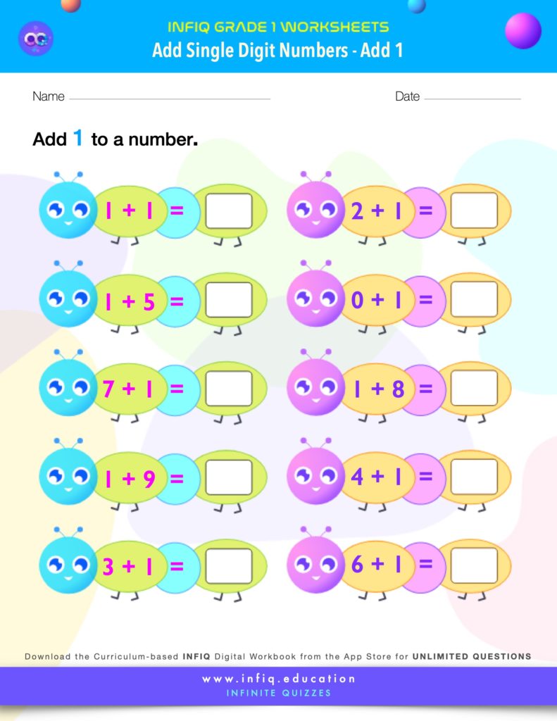 Grade 1 Math Worksheets - Add Single Digit Numbers - Add 1
