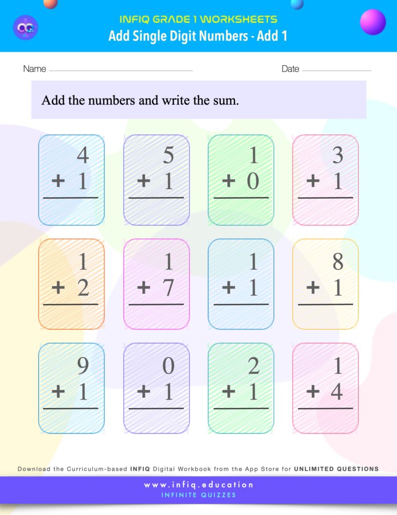 Grade 1 Math Worksheets - Add Single Digit Numbers - Add 1