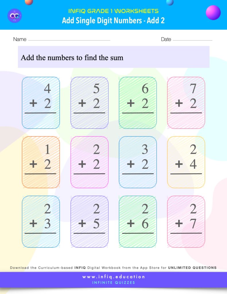 Grade 1 Math Worksheets - Add Single Digit Numbers - Add 2