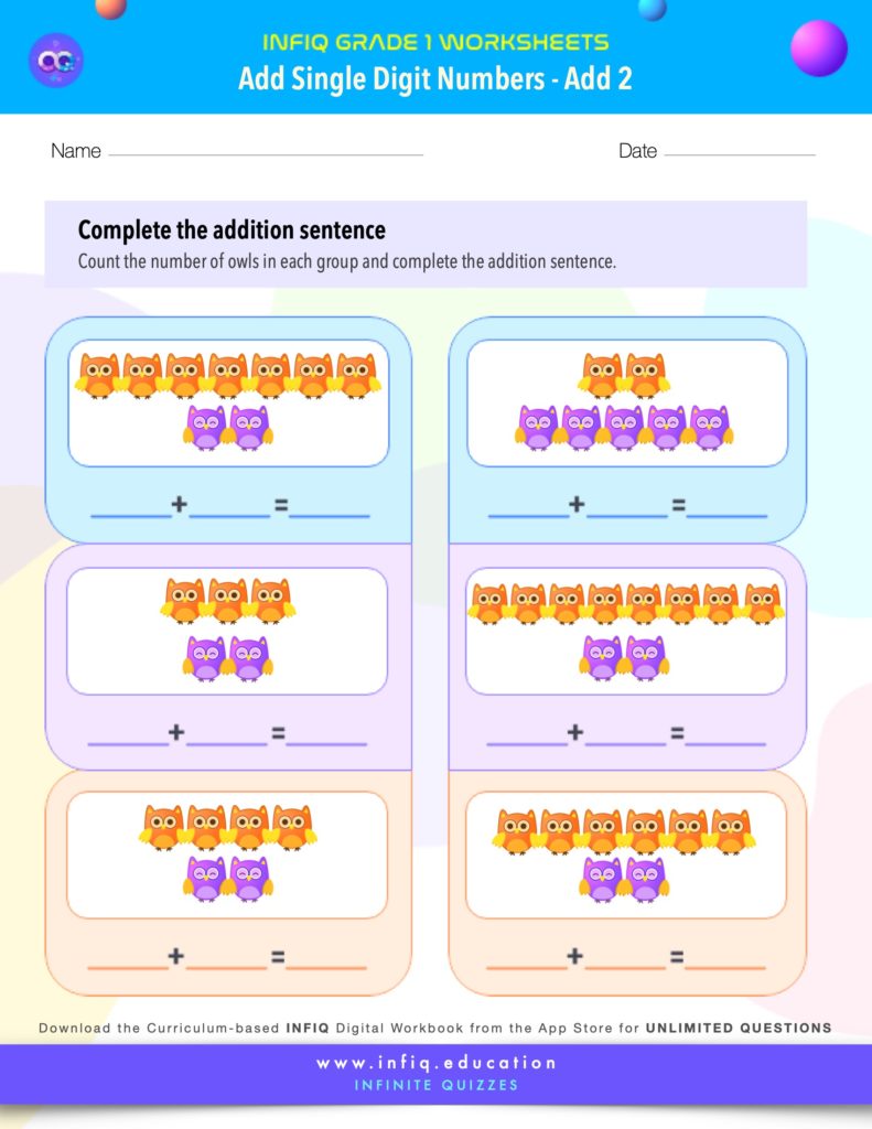 Grade 1 Math Worksheets - Add Single Digit Numbers - Add 2