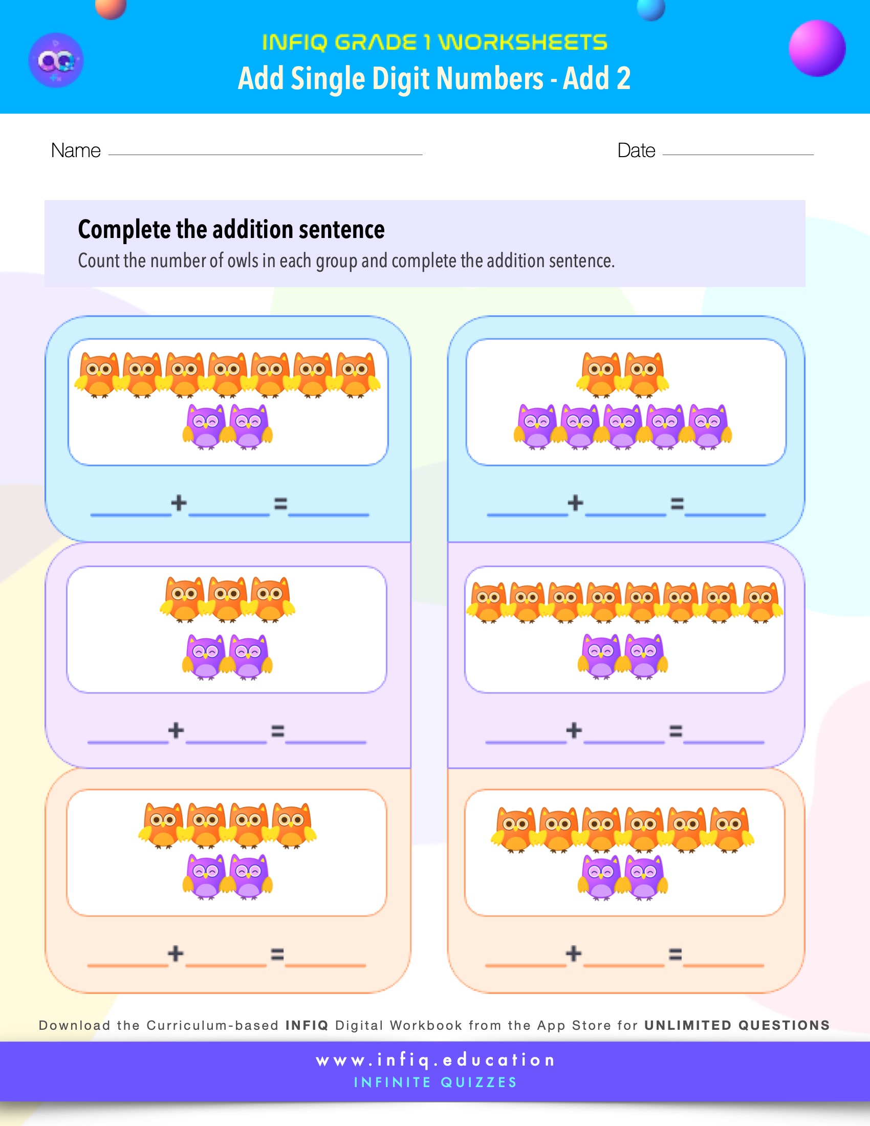 Grade 1 Math Worksheets - Add Single Digit Numbers - Add 2