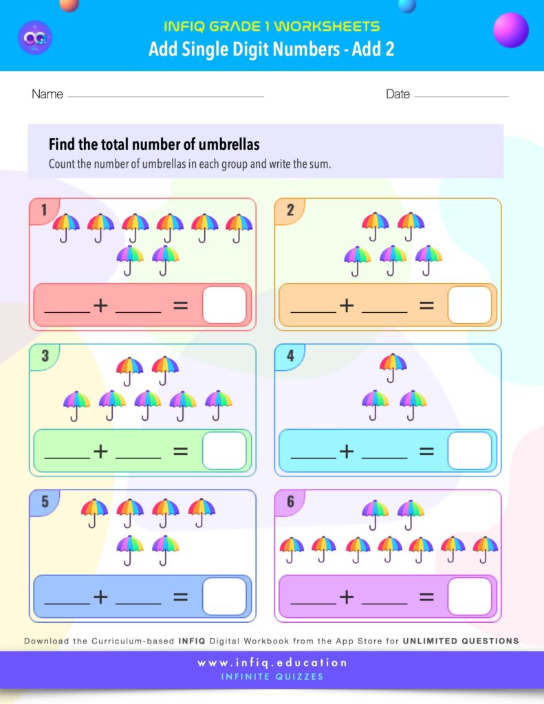 Grade 1 Math Worksheets - Add Single Digit Numbers - Add 2
