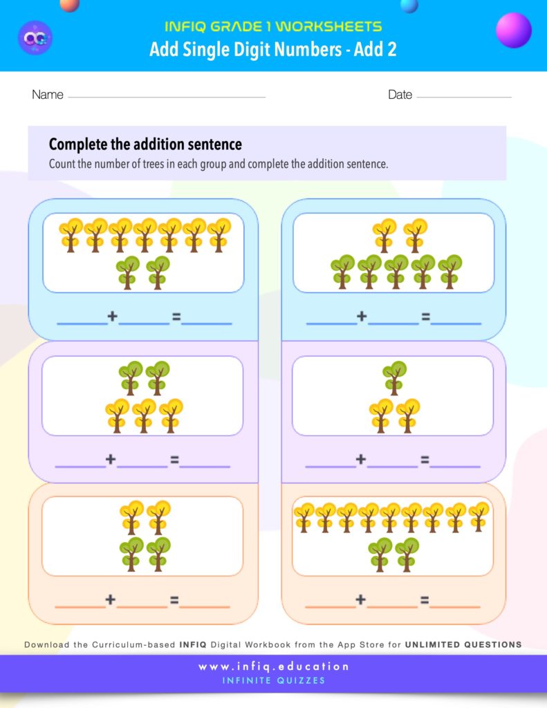Grade 1 Math Worksheets - Add Single Digit Numbers - Add 2