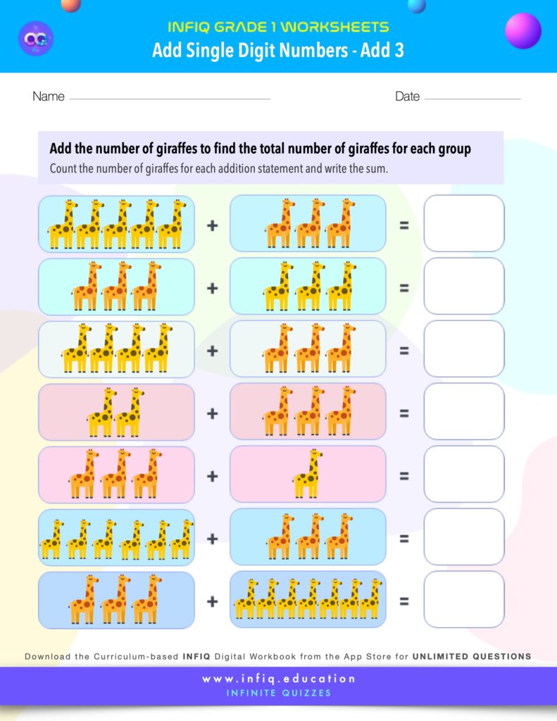Grade 1 Math Worksheets - Add Single Digit Numbers - Add 3