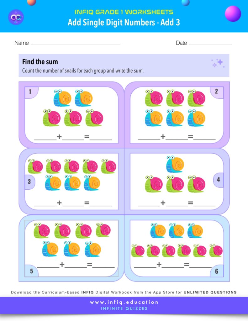Grade 1 Math Worksheets - Add Single Digit Numbers - Add 3